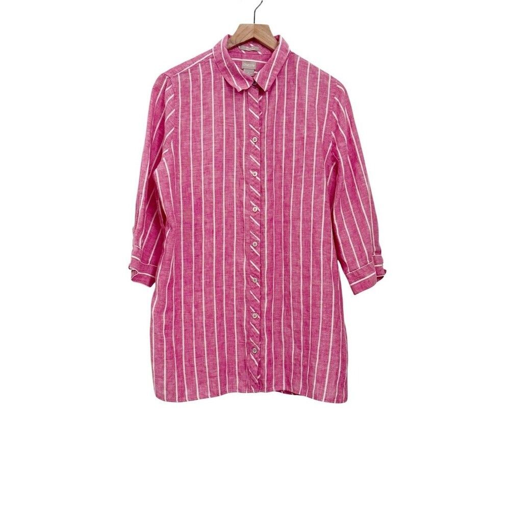 Chico’s Dusty Rose Pink White Stripe Linen Button Down Shirt